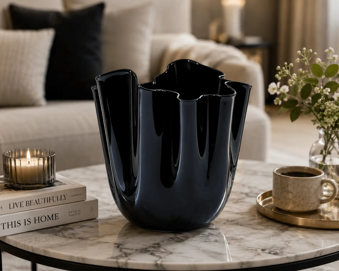 ANGIE HOMES Noir Wave Sculpted Vase