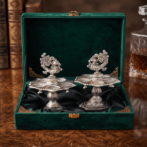 Silver Peacock Designed Diya Set For Gifting – ANGIE HOMES