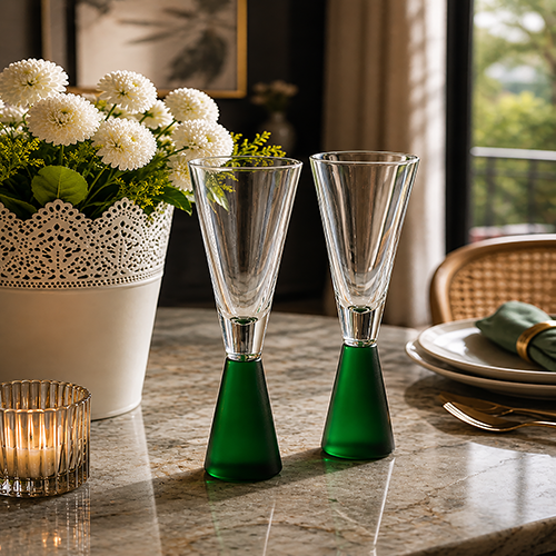 LUSH STYLISH CHAMPAGNE FLUTES WITH GREEN BASE GLASS SET