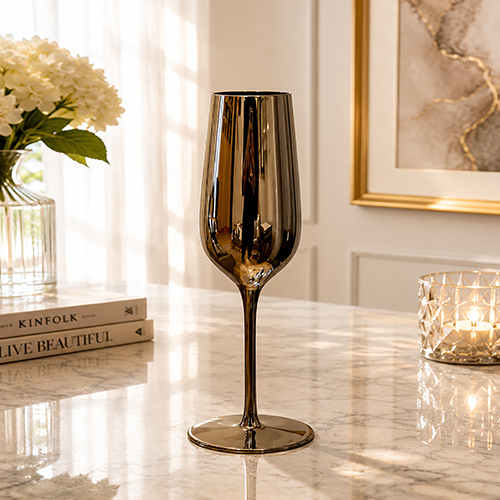 SILVER METALLIC FLUTE CHAMPAGNE GLASS SET