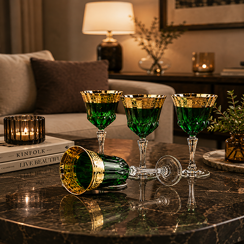 BORO CUT GREEN COLORED CRYSTAL WINE & CHAMPAGNE GLASS SET