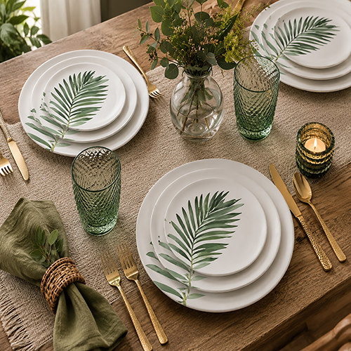 Bali White and Green Leaf Plate Set