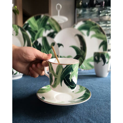 Angie Homes Frond Green Printed Bone China Cups & Saucers Set